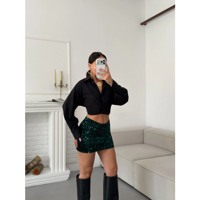 Payetli Şort Etek - YEŞİL