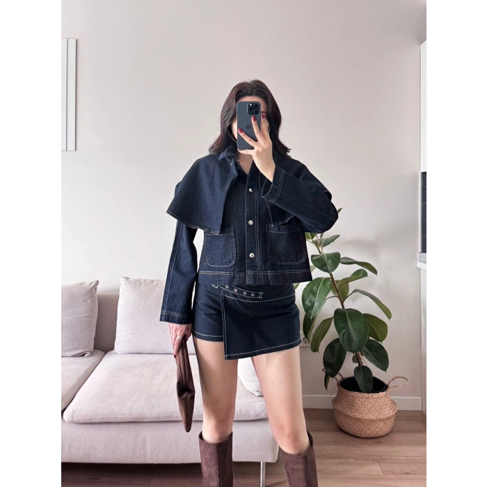 Pelerin Detay Denim Ceket