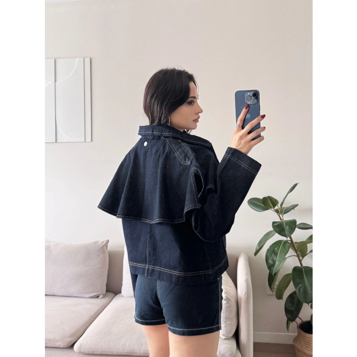 Pelerin Detay Denim Ceket