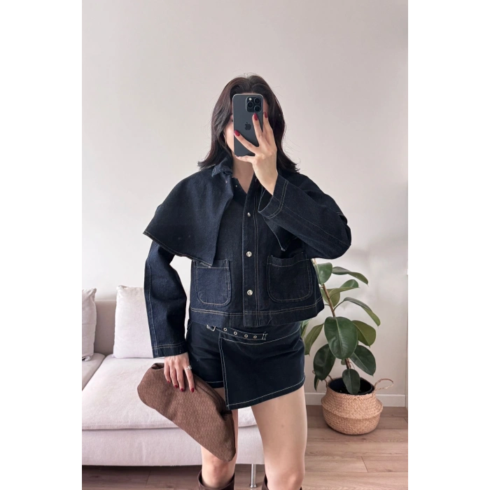 Pelerin Detay Denim Ceket