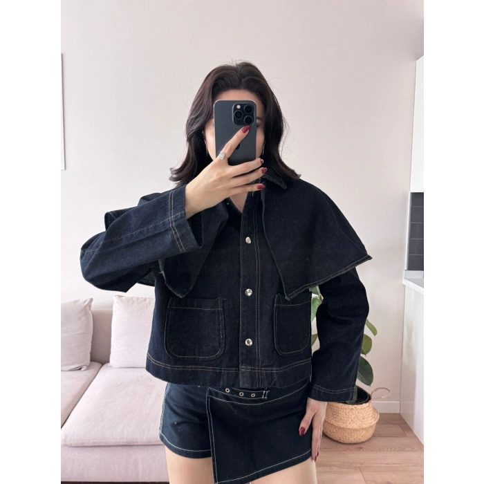 Pelerin Detay Denim Ceket