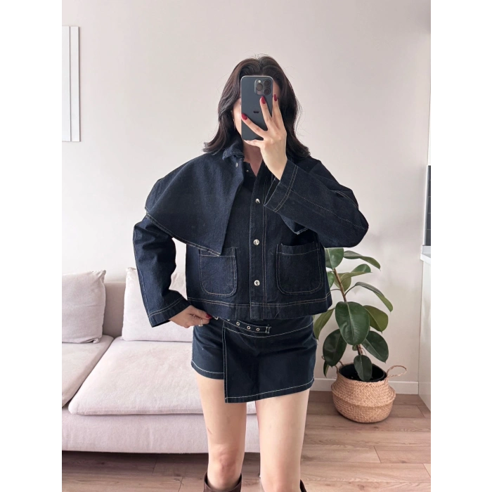 Pelerin Detay Denim Ceket