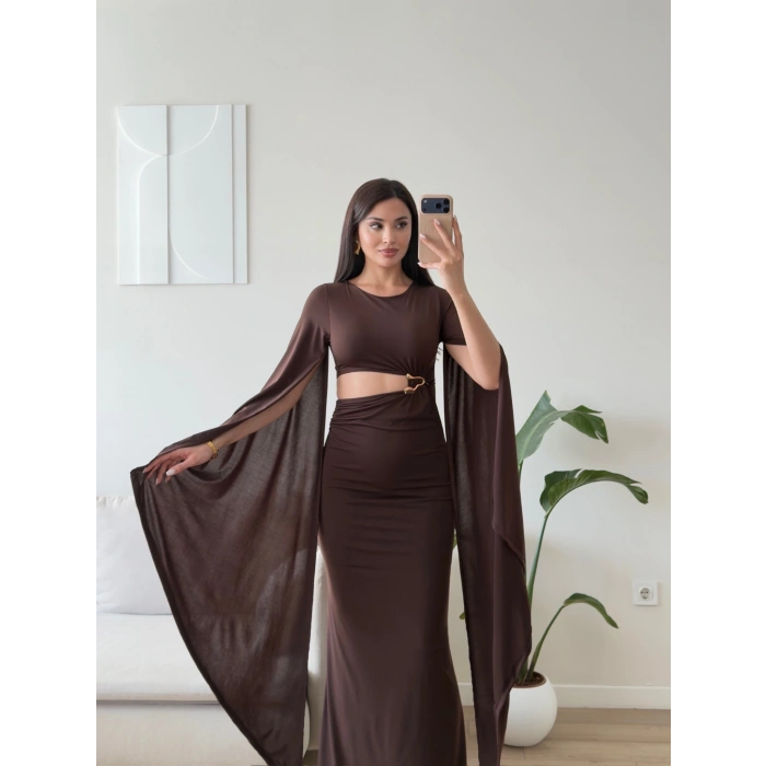Pelerin Kol Tokalı Maxi Elbise - KAHVE
