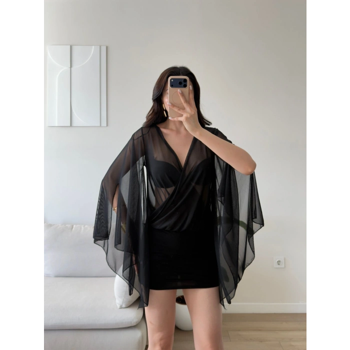 Pelerin Kol Tül Mini Elbise