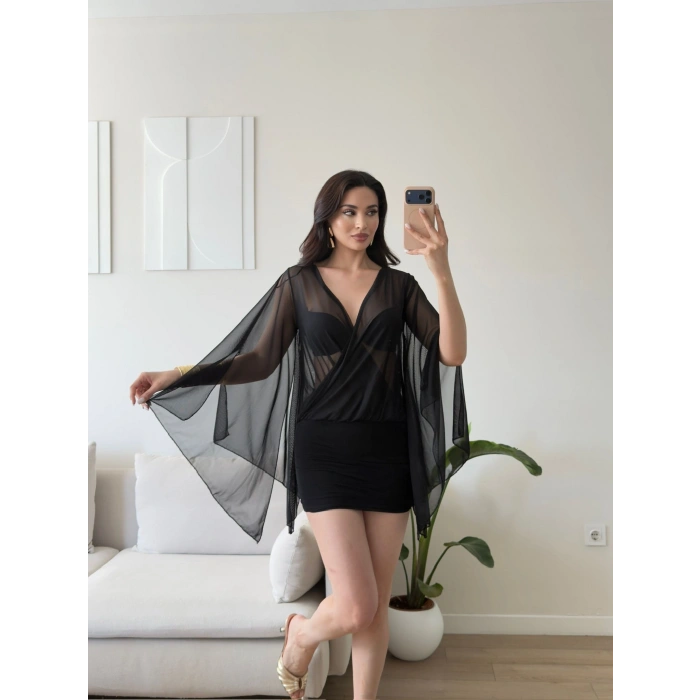 Pelerin Kol Tül Mini Elbise