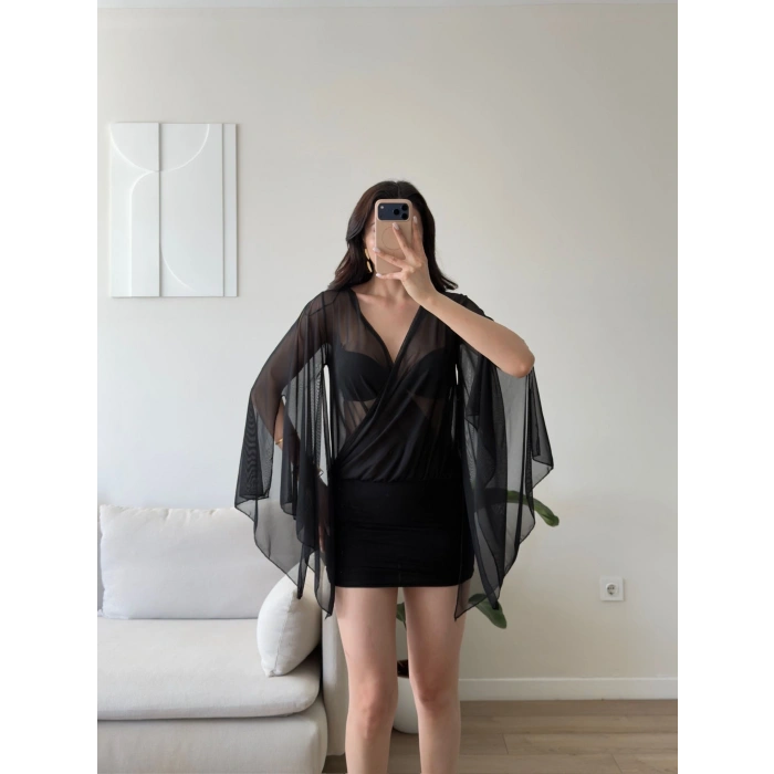 Pelerin Kol Tül Mini Elbise