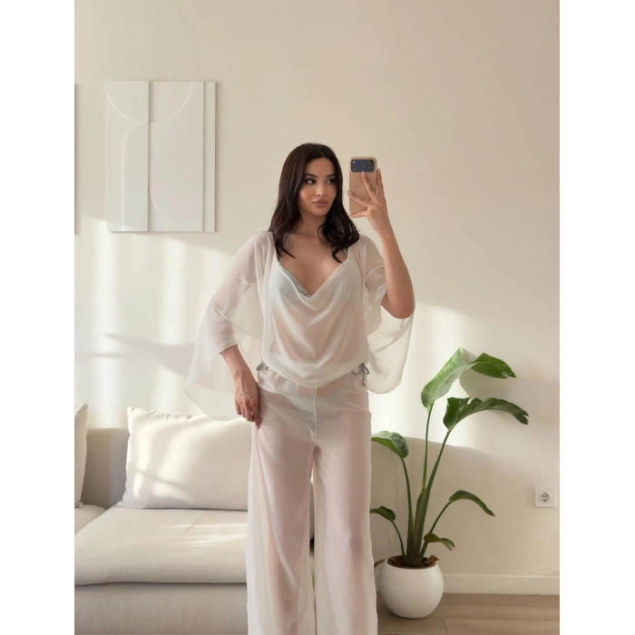 Pelerin Tül Pareo Takım - BEYAZ