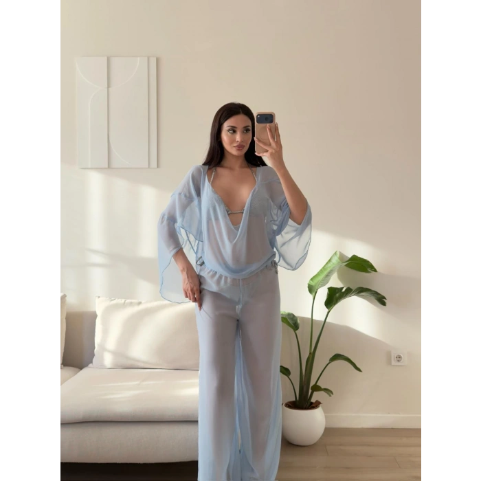 Pelerin Tül Pareo Takım - MAVİ