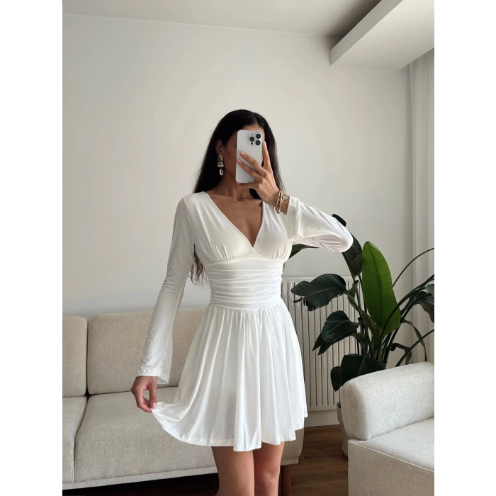 Pileli Kruvaze Şortlu Elbise - BEYAZ