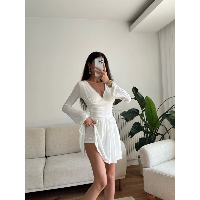 Pileli Kruvaze Şortlu Elbise - BEYAZ