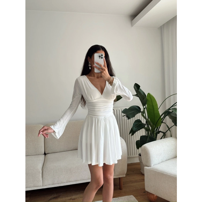 Pileli Kruvaze Şortlu Elbise - BEYAZ