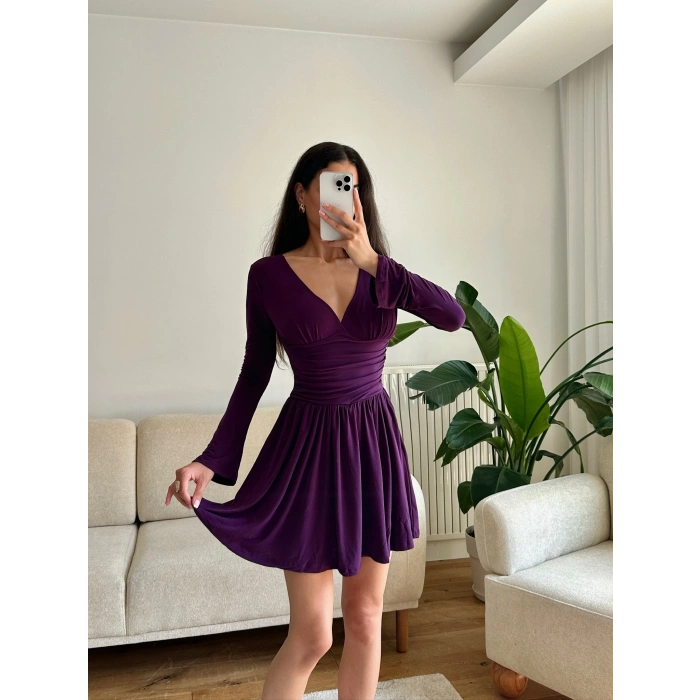 Pileli Kruvaze Şortlu Elbise - MOR