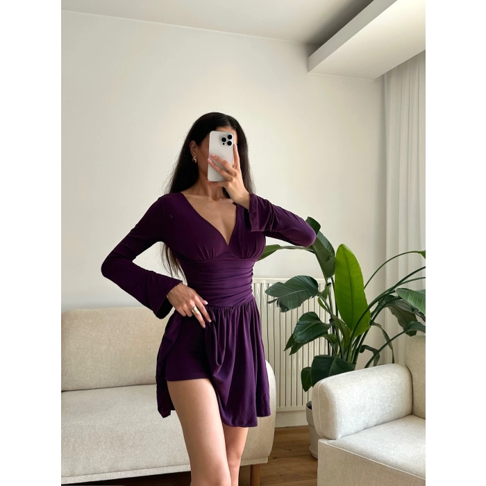 Pileli Kruvaze Şortlu Elbise - MOR