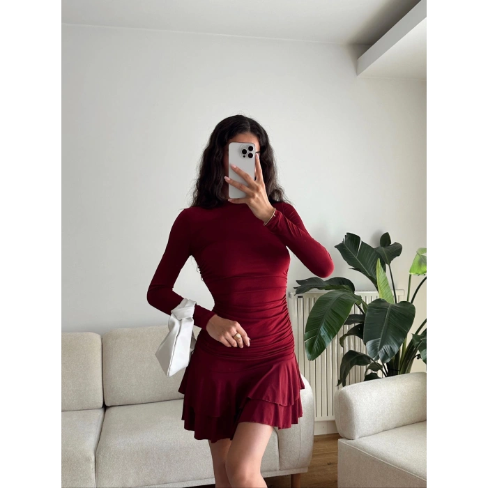 Pileli Yan Büzgü Elbise - BORDO