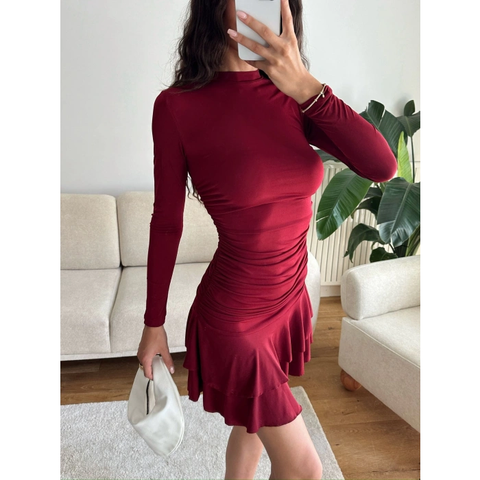 Pileli Yan Büzgü Elbise - BORDO