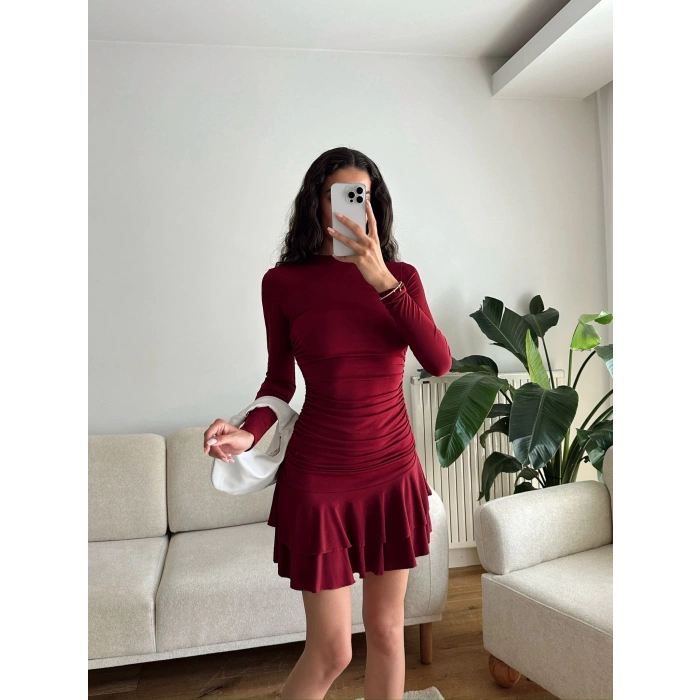 Pileli Yan Büzgü Elbise - BORDO