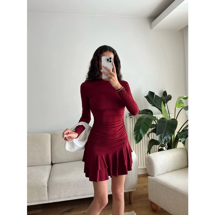 Pileli Yan Büzgü Elbise - BORDO