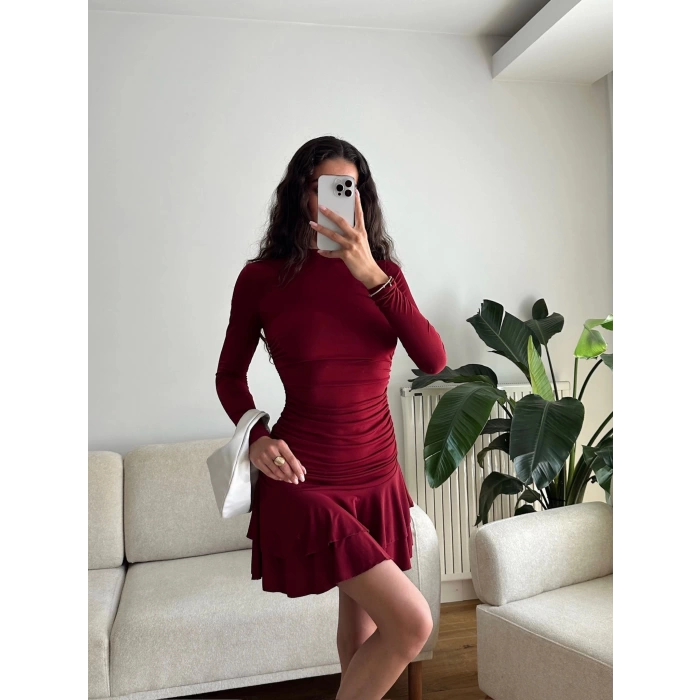 Pileli Yan Büzgü Elbise - BORDO