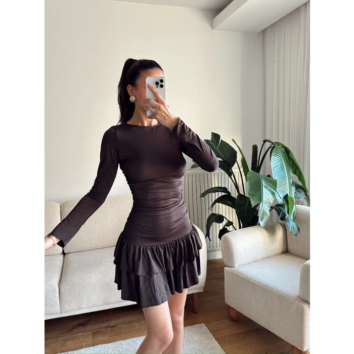 Pileli Yan Büzgü Elbise - KAHVE