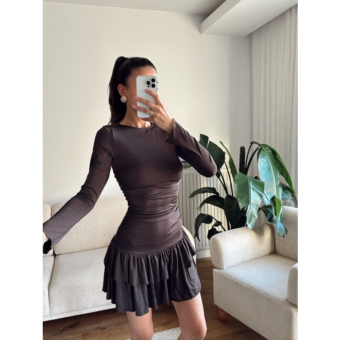 Pileli Yan Büzgü Elbise - KAHVE