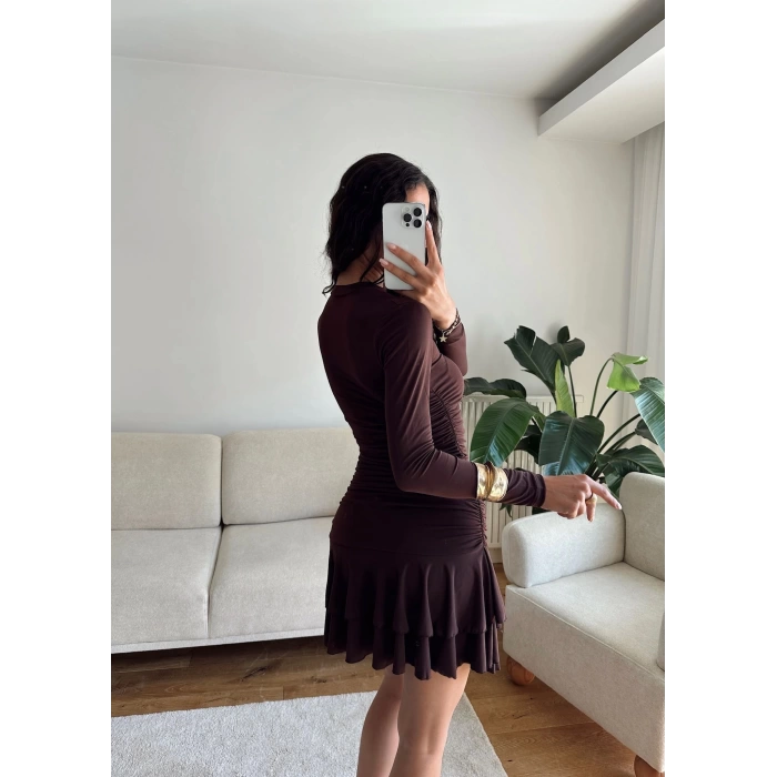 Pileli Yan Büzgü Elbise - KAHVE