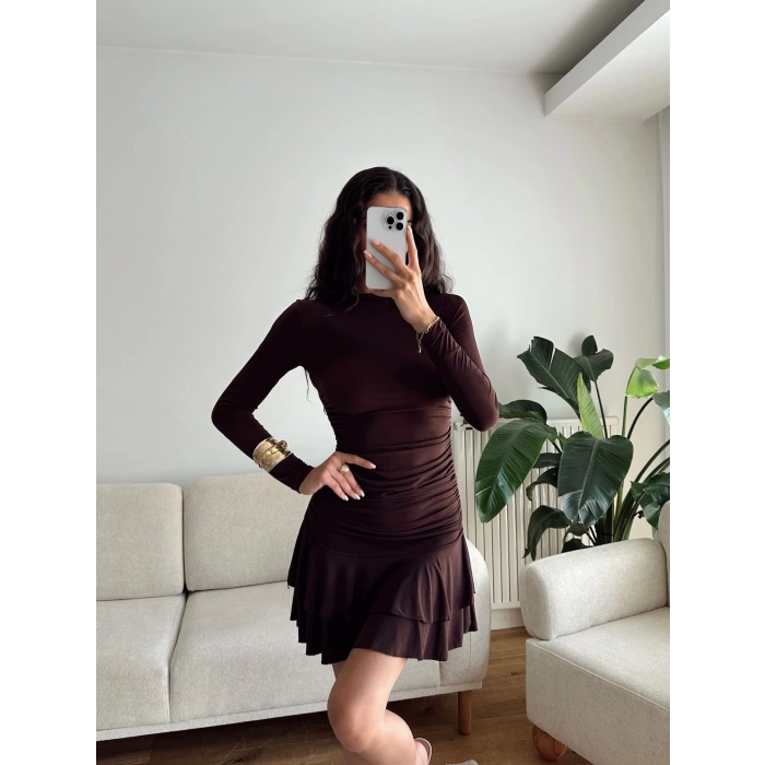 Pileli Yan Büzgü Elbise - KAHVE