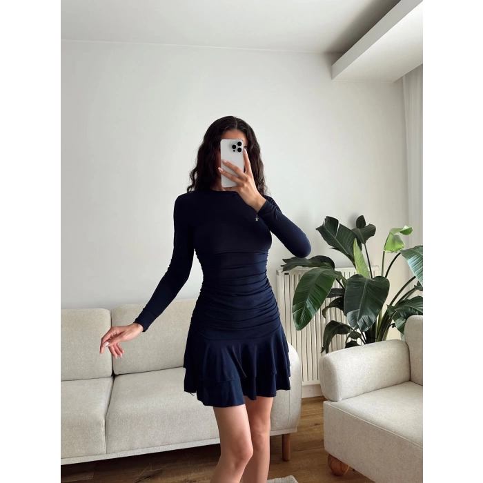 Pileli Yan Büzgü Elbise - LACİVERT