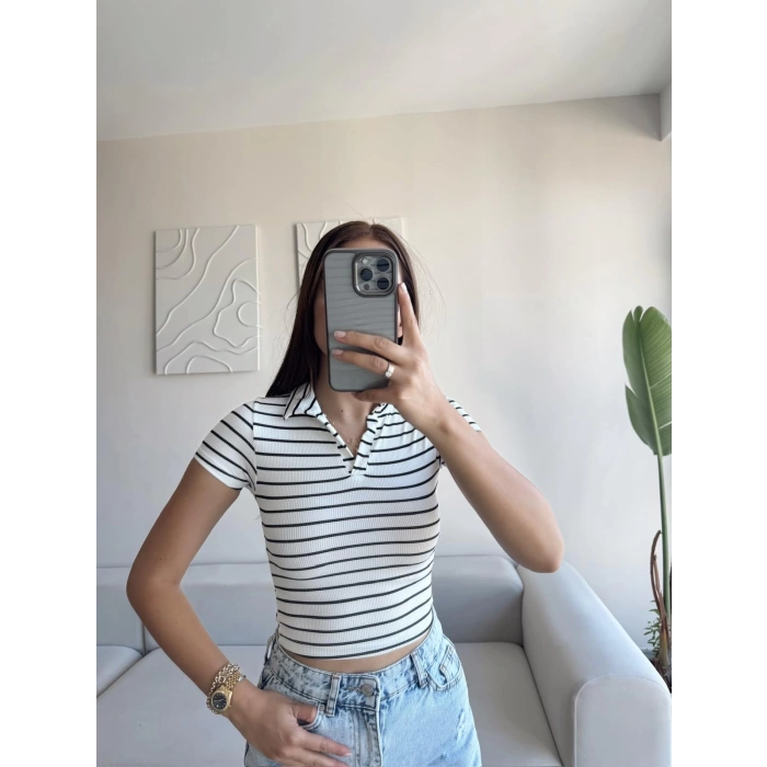 Polo Yaka Çizgili Crop - BEYAZ