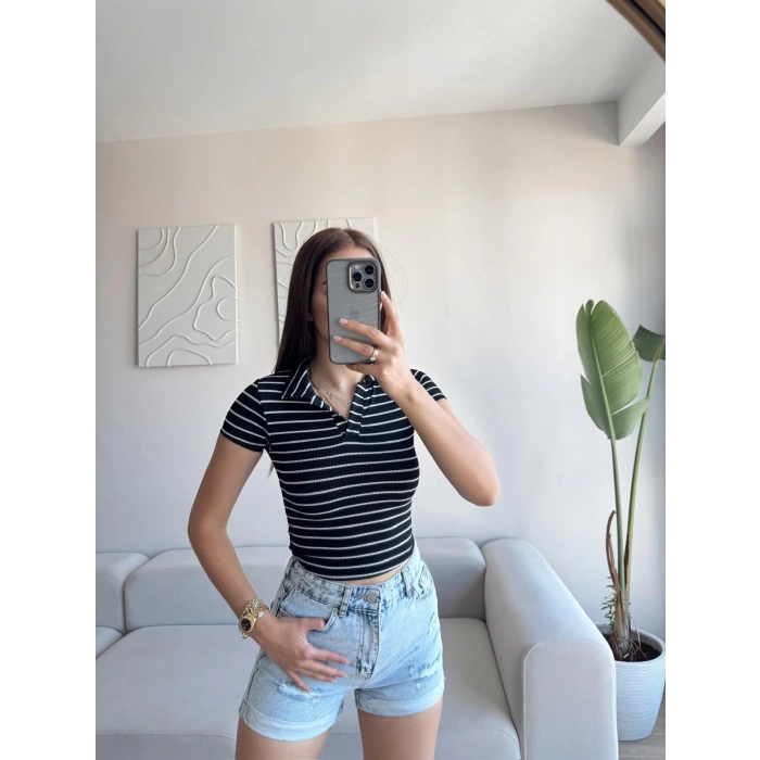 Polo Yaka Çizgili Crop - SİYAH