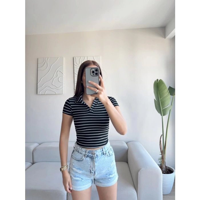 Polo Yaka Çizgili Crop - SİYAH