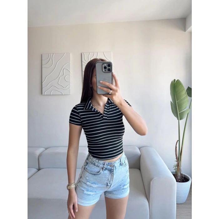 Polo Yaka Çizgili Crop - SİYAH