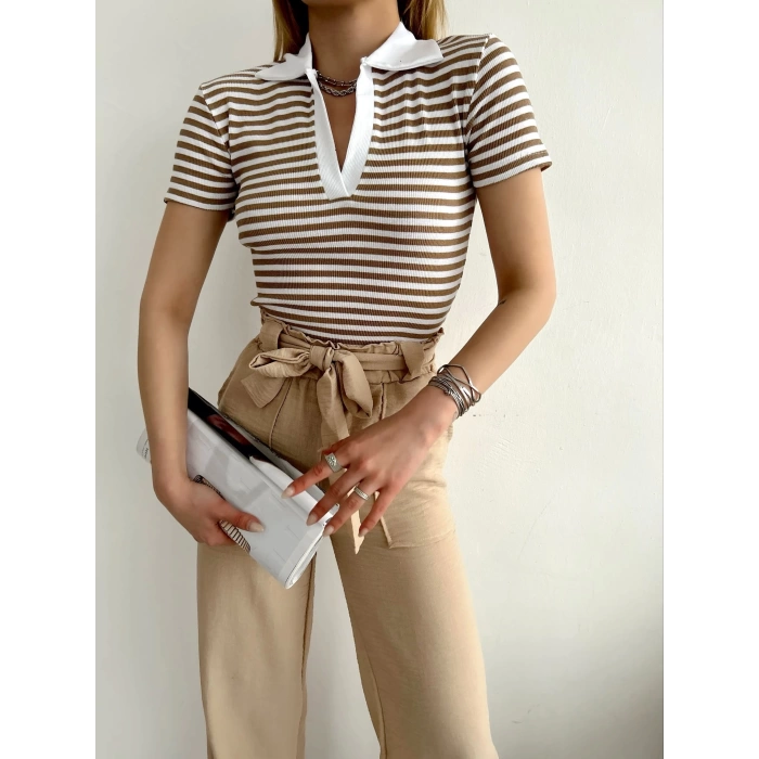 Polo Yaka Çizgili Kaşkorse Tshirt -KahveBeyaz
