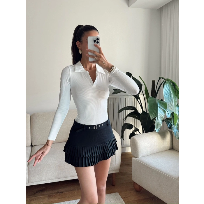 Polo Yaka Crop - BEYAZ