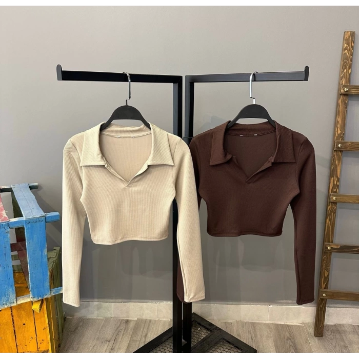 Polo Yaka Crop Bluz-BEJ