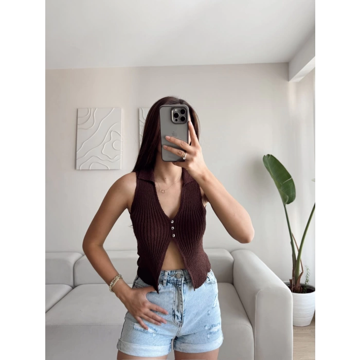 Polo Yaka Düğmeli Crop - KAHVE