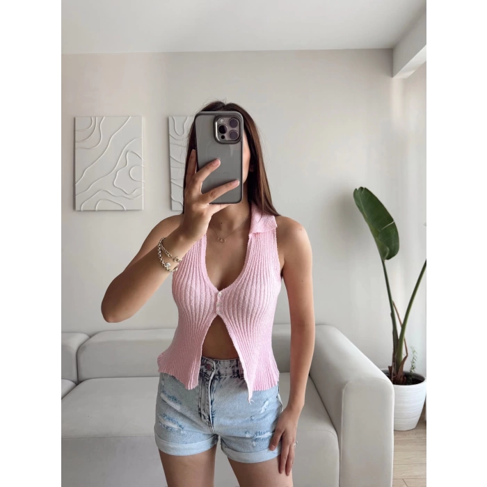 Polo Yaka Düğmeli Crop - PEMBE