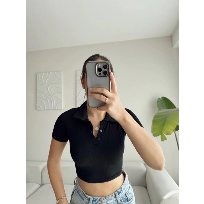 Polo Yaka Düğmeli Crop - SİYAH