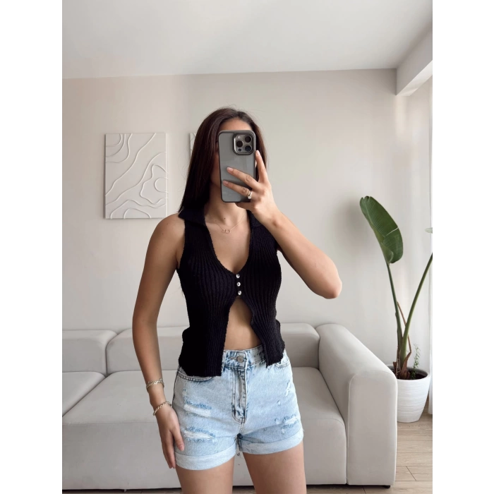 Polo Yaka Düğmeli Crop - SİYAH