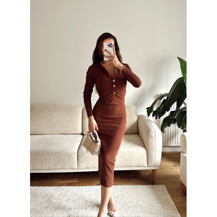 Polo Yaka Düğmeli Elbise - KAHVE