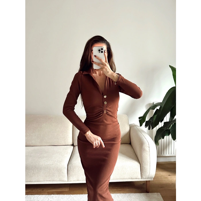Polo Yaka Düğmeli Elbise - KAHVE