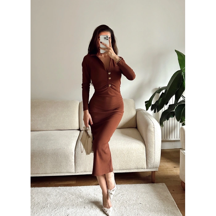 Polo Yaka Düğmeli Elbise - KAHVE