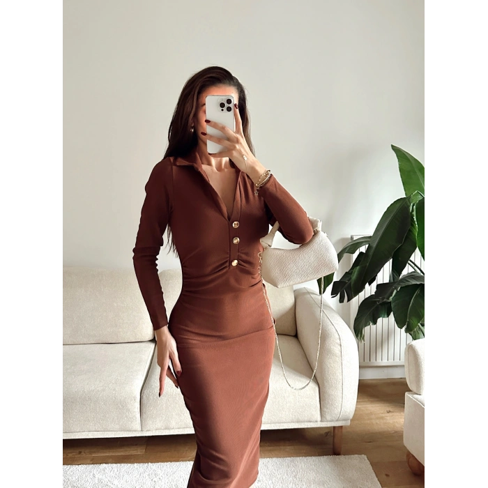 Polo Yaka Düğmeli Elbise - KAHVE