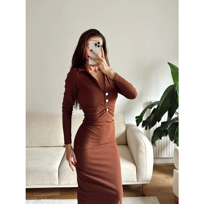 Polo Yaka Düğmeli Elbise - KAHVE