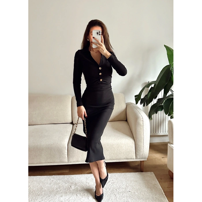 Polo Yaka Düğmeli Elbise - SİYAH