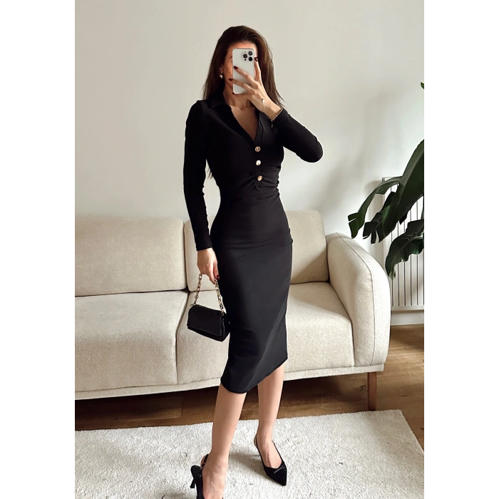 Polo Yaka Düğmeli Elbise - SİYAH