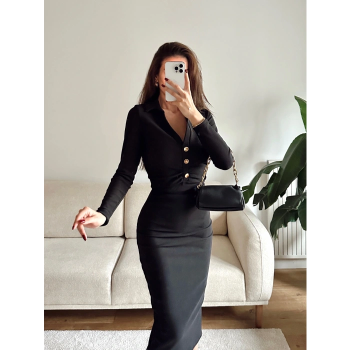 Polo Yaka Düğmeli Elbise - SİYAH