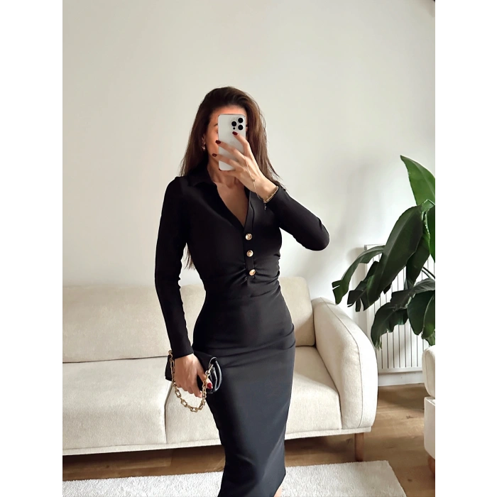 Polo Yaka Düğmeli Elbise - SİYAH