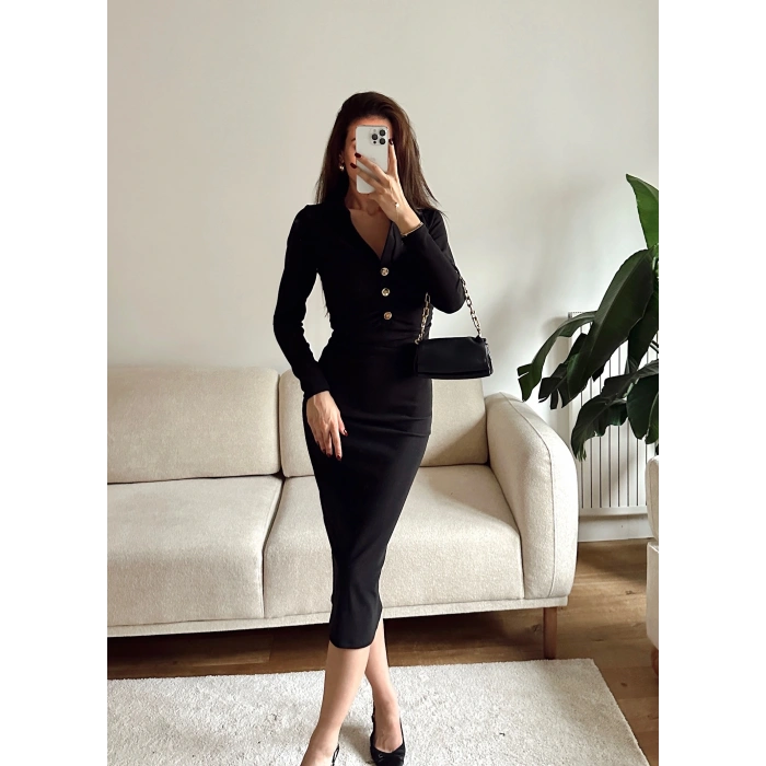 Polo Yaka Düğmeli Elbise - SİYAH