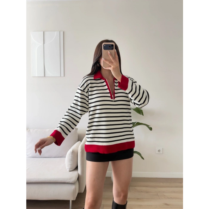 Polo Yaka Fermuar Çizgili Sweat - KIRMIZI