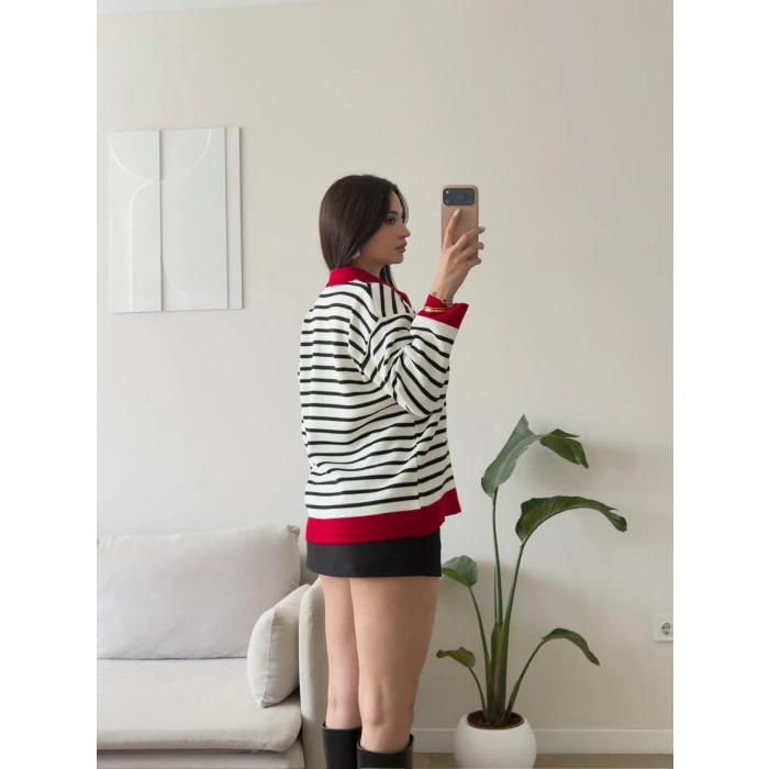 Polo Yaka Fermuar Çizgili Sweat - KIRMIZI